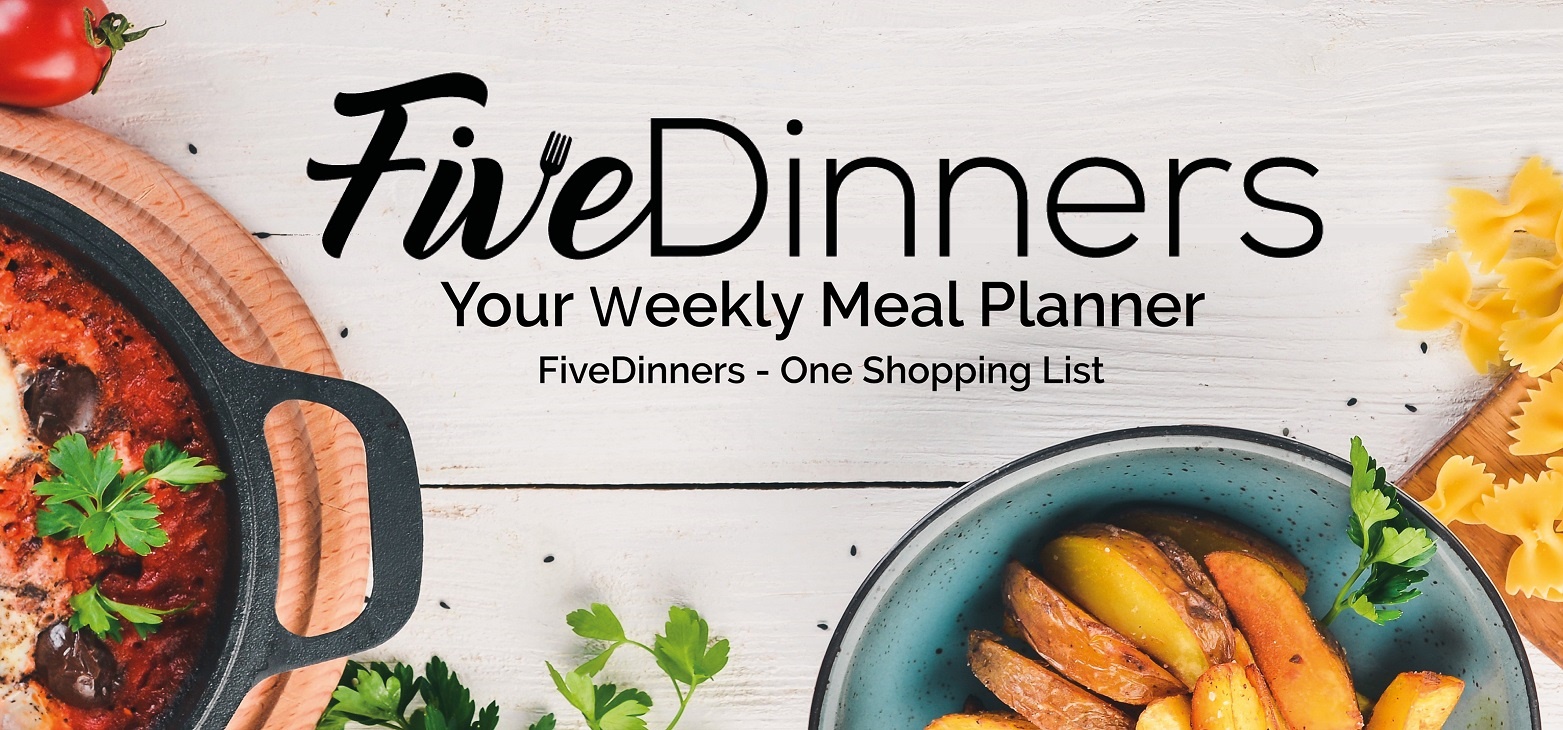 Five dinners photo logo - overhead view of food on a table
